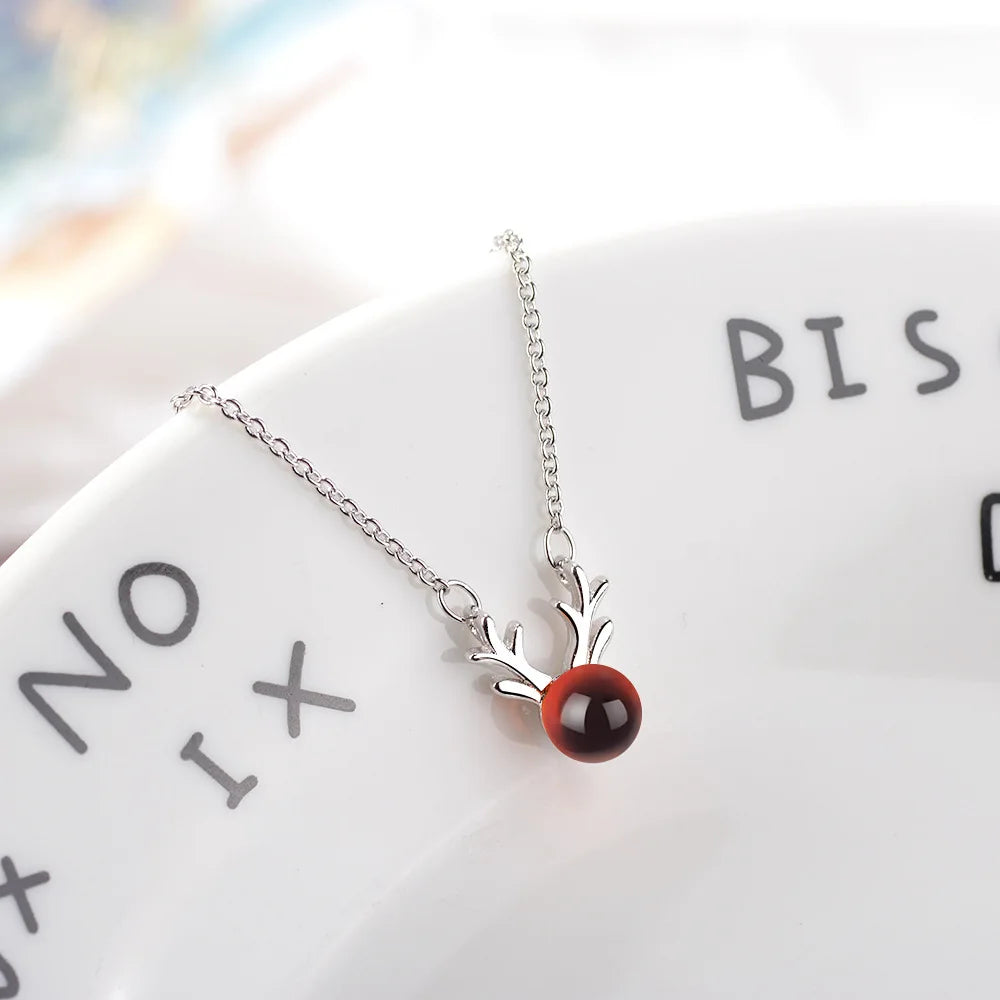 Christmas Deer Natural Garnet Platinum Plated Lady Pendant Necklaces