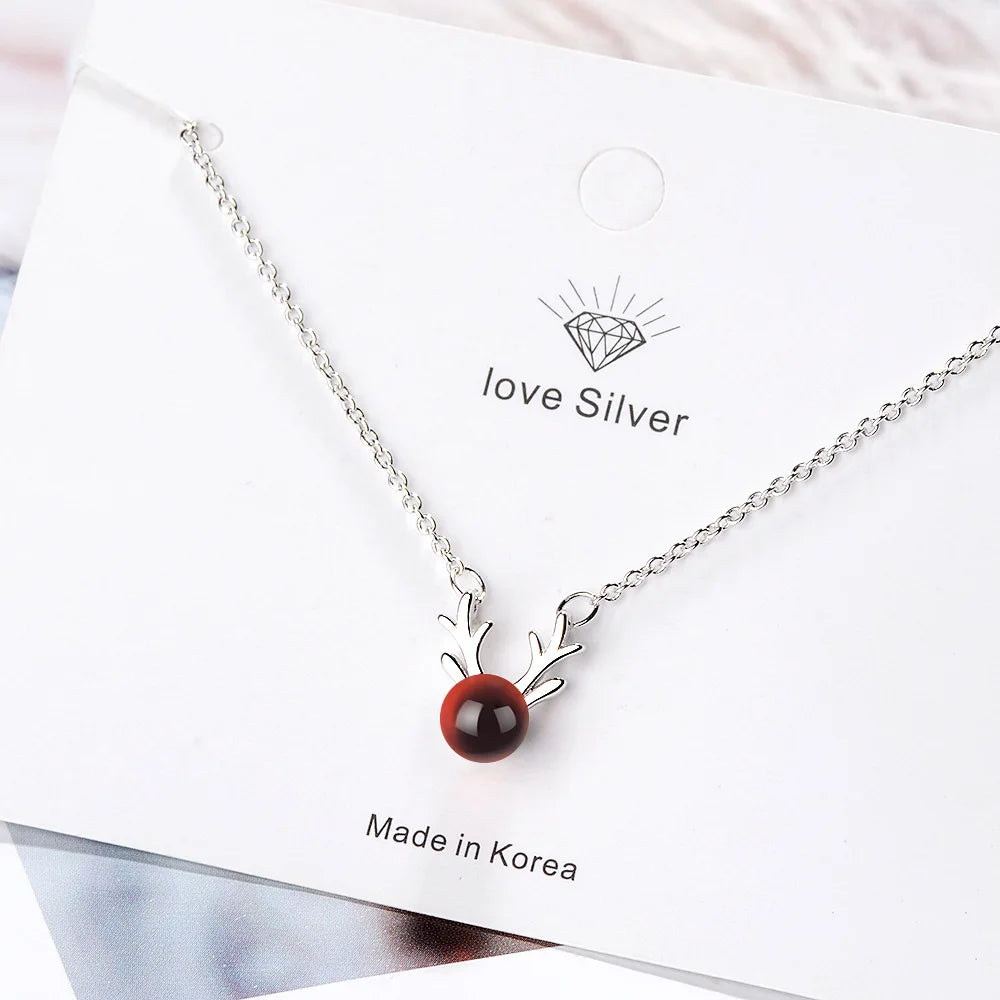 Christmas Deer Natural Garnet Platinum Plated Lady Pendant Necklaces