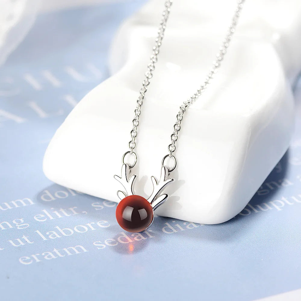 Christmas Deer Natural Garnet Platinum Plated Lady Pendant Necklaces
