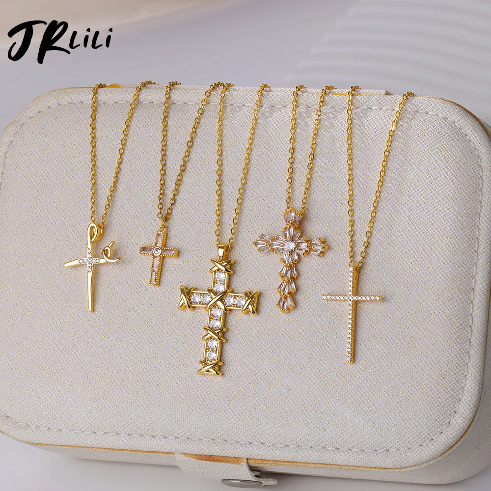 Zircon Cross Pendant Necklace Gold Color Stainless Steel