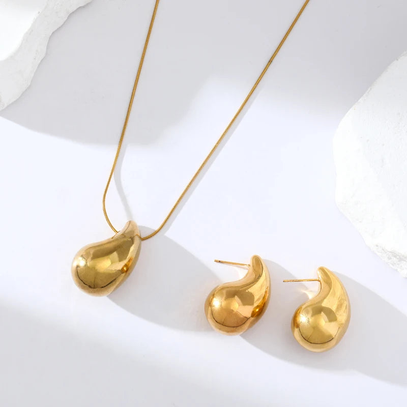 Stainless Steel Gold Color Water Drops Necklace Earrings