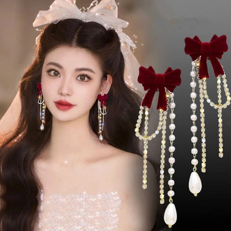 Fashion Christmas Flocking Drop Earrings Bowknot