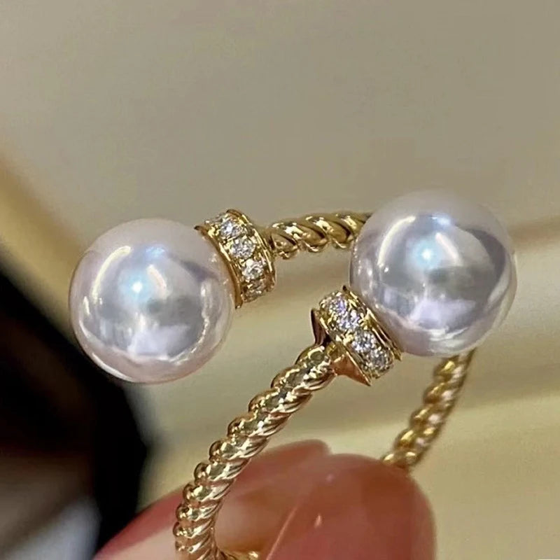 Double Imitation Pearl Open Ring Twist Gold Color Ring