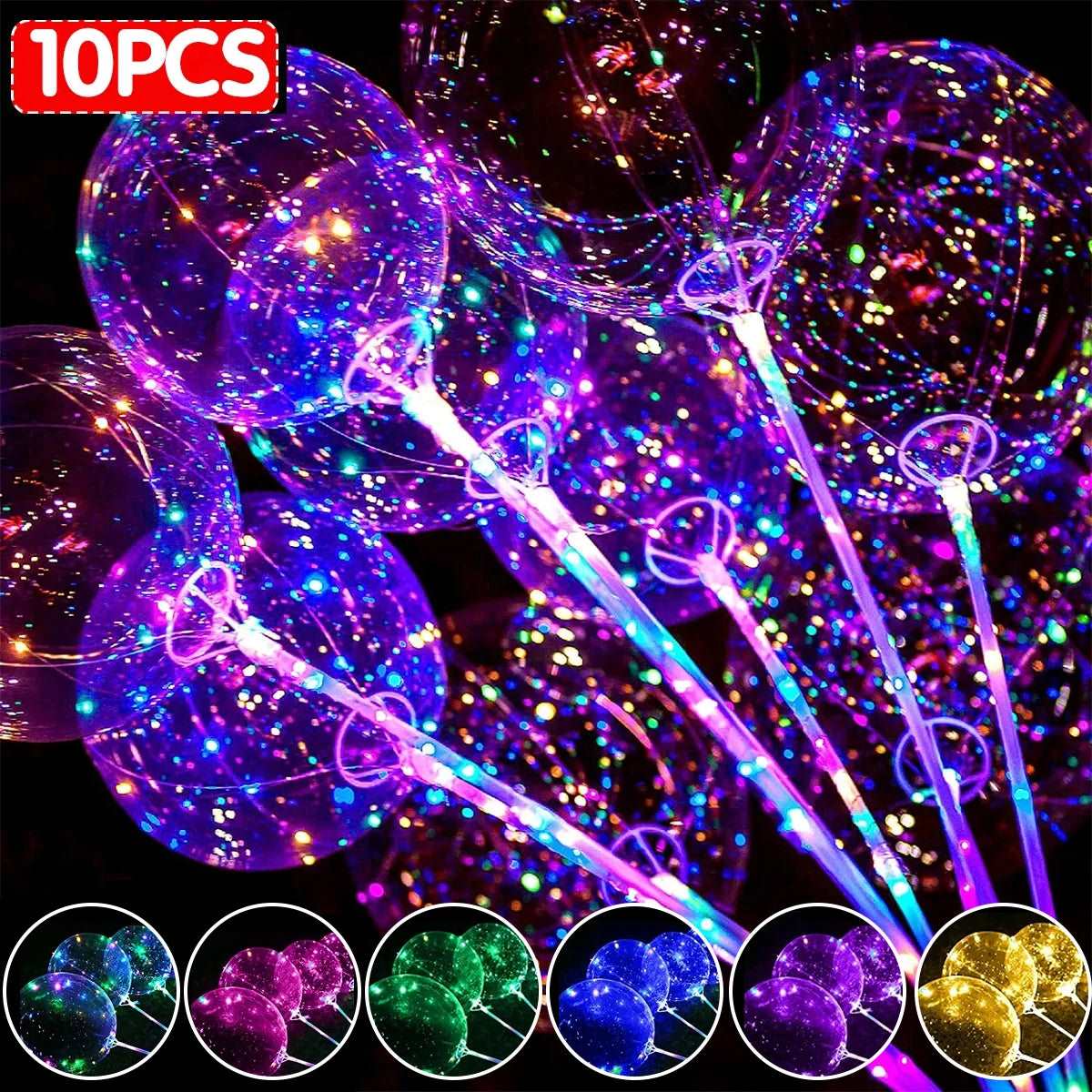 10Pcs New Year Clear LED light Up Bubble Balloon with Light String and Sticks