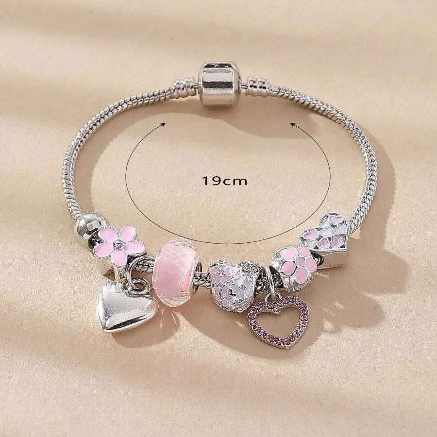 Obega Love Heart Flower Glass Pendant Charm Bracelet