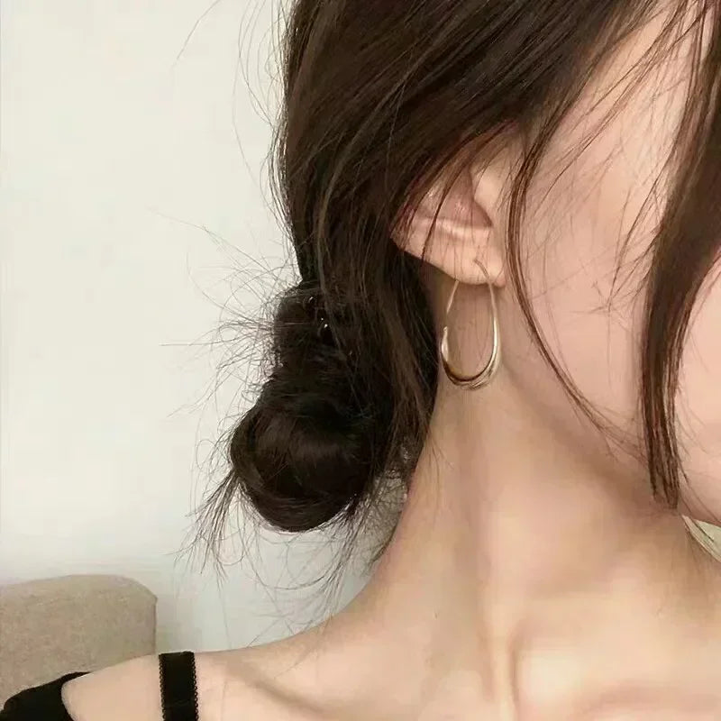 Big Oval Hoop Earrings Simple Design Large Gold Color