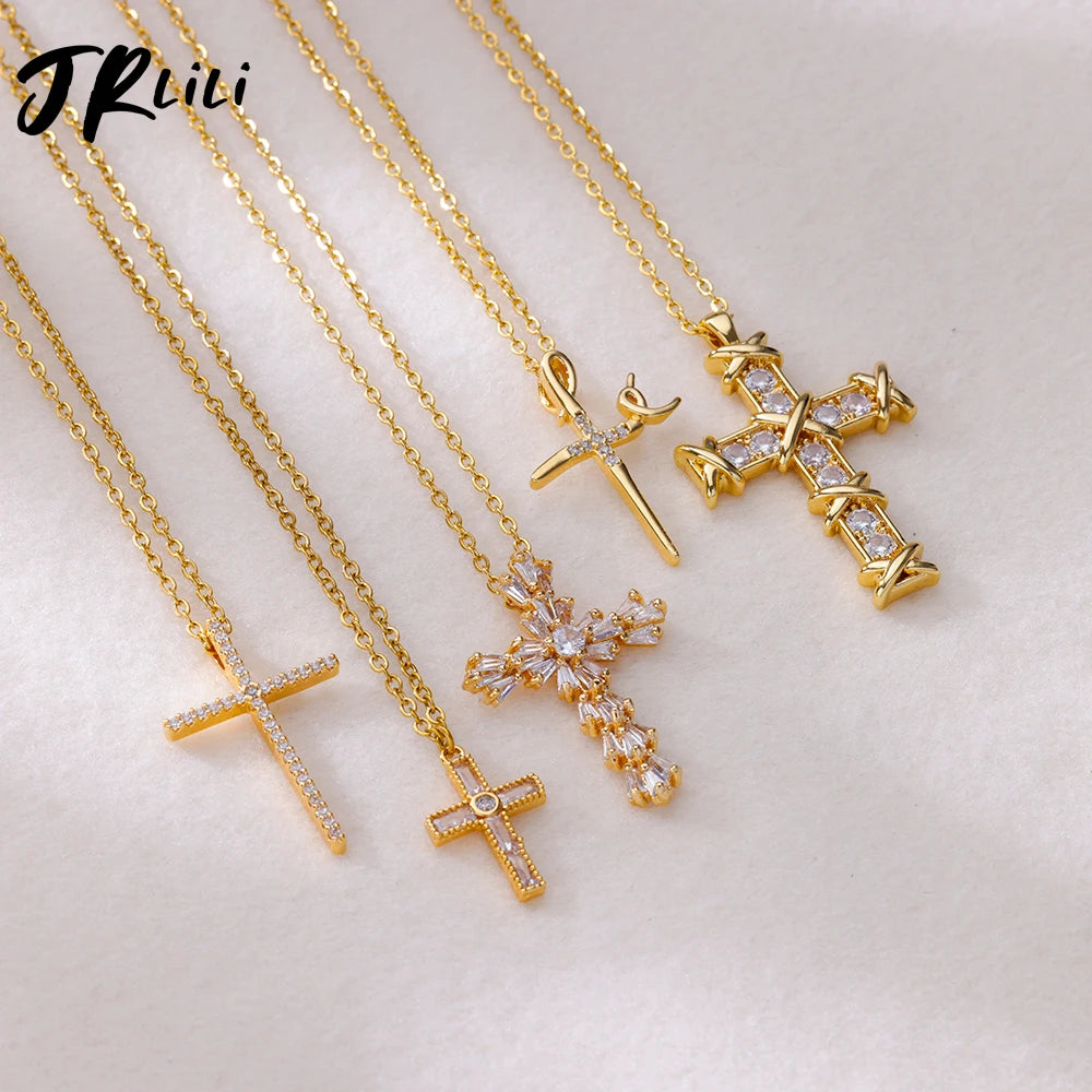 Zircon Cross Pendant Necklace Gold Color Stainless Steel