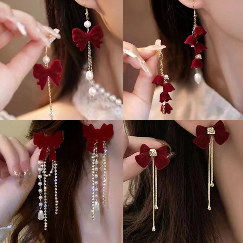 Fashion Christmas Flocking Drop Earrings Bowknot