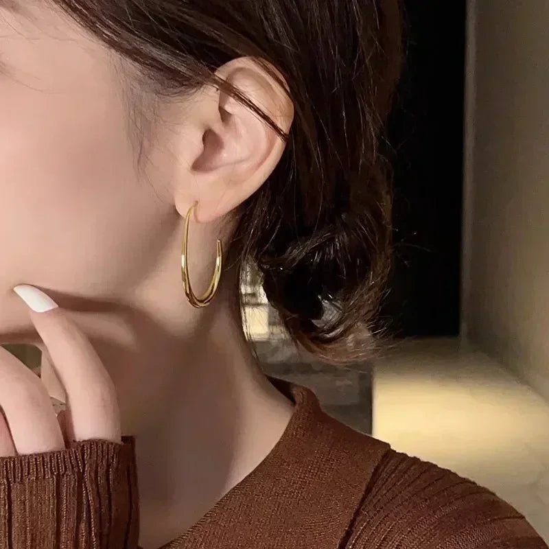 Big Oval Hoop Earrings Simple Design Large Gold Color