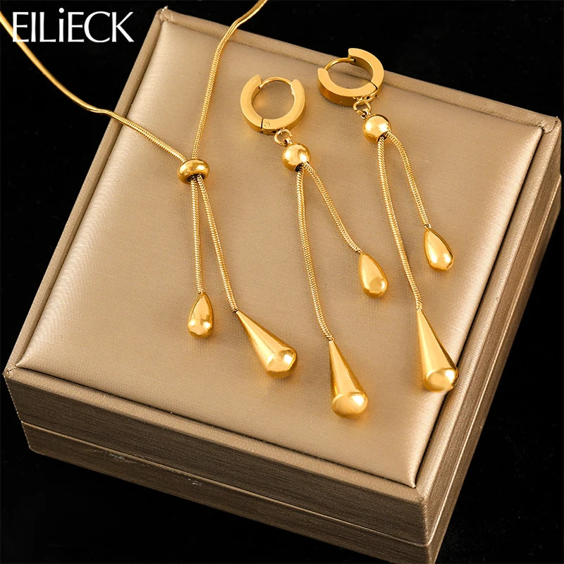Stainless Steel Geometric Teardrop Tassel Necklace Earrings