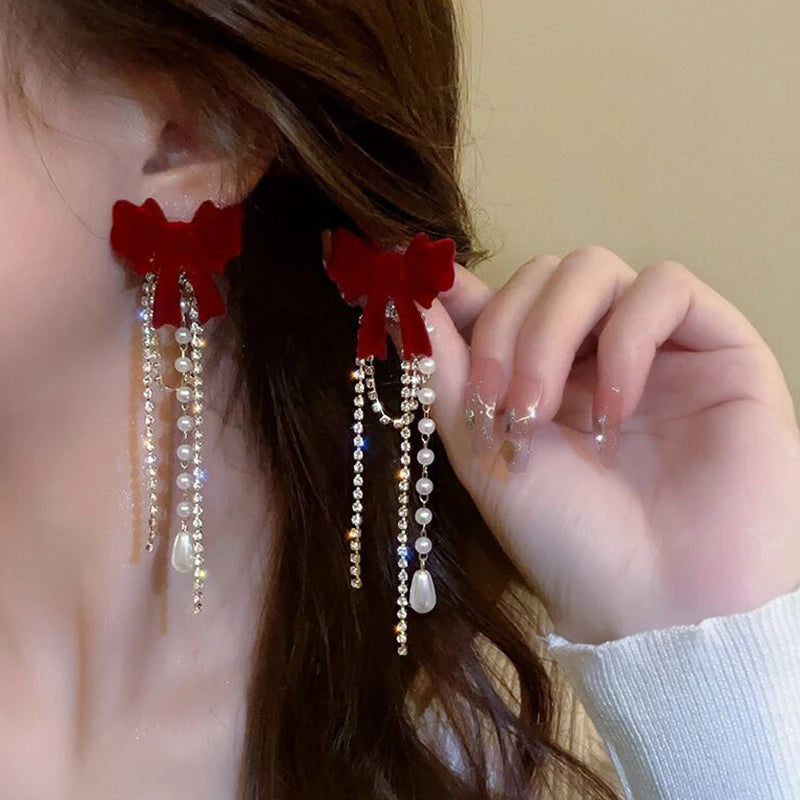 Fashion Christmas Flocking Drop Earrings Bowknot