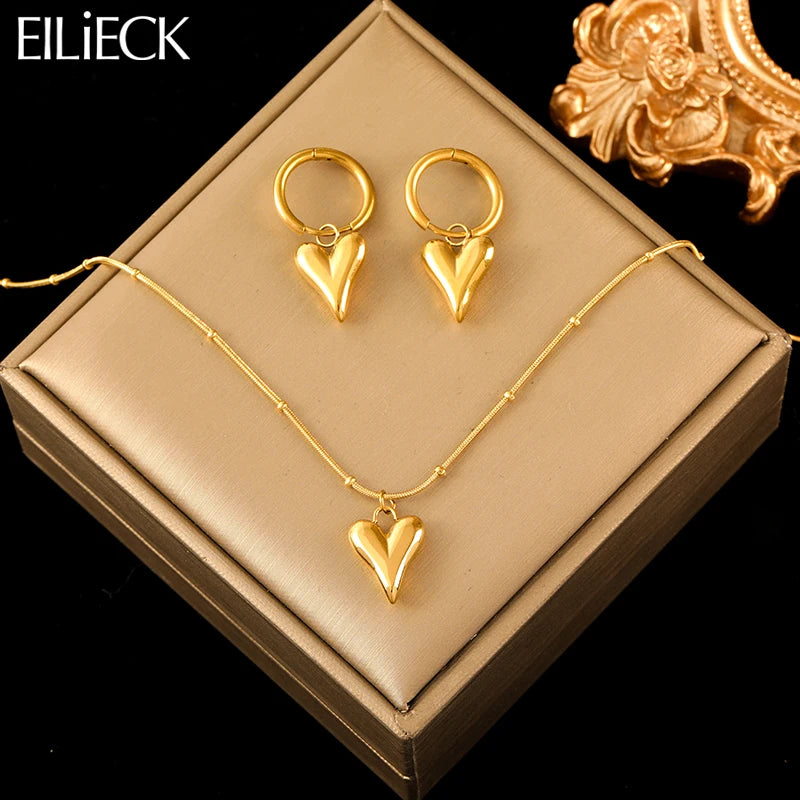 Stainless Steel Gold Color Heart Love Necklace Earrings