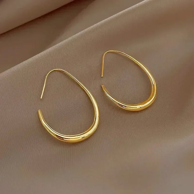 Big Oval Hoop Earrings Simple Design Large Gold Color