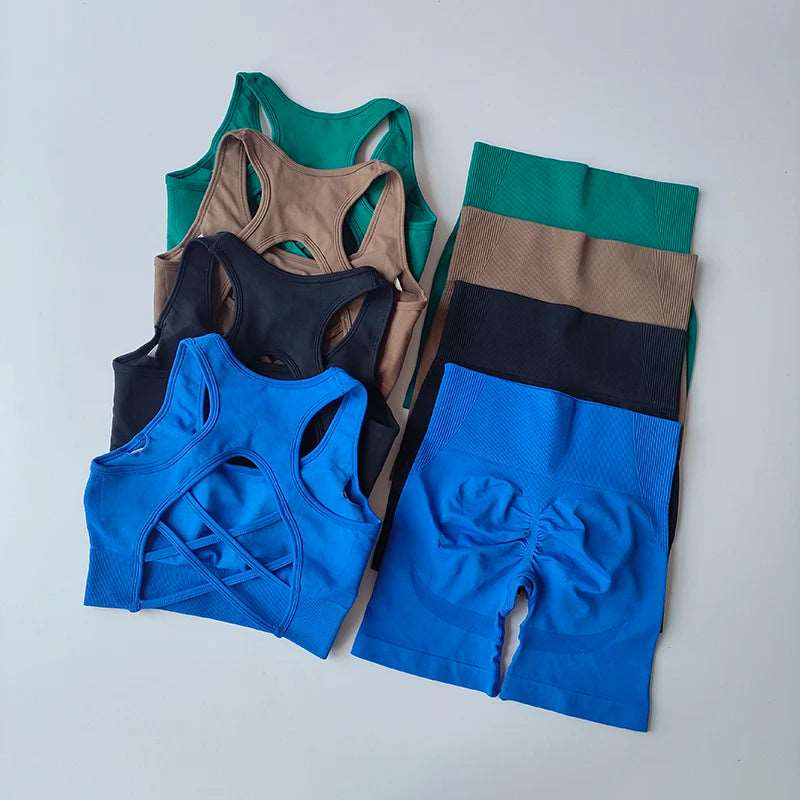 2 PCS Women Seamless Yoga Set Sexy Sport Bra + High Waist Sports Shorts Gym Clothing