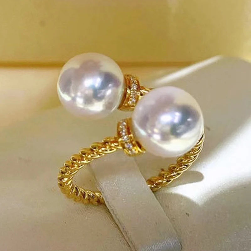 Double Imitation Pearl Open Ring Twist Gold Color Ring