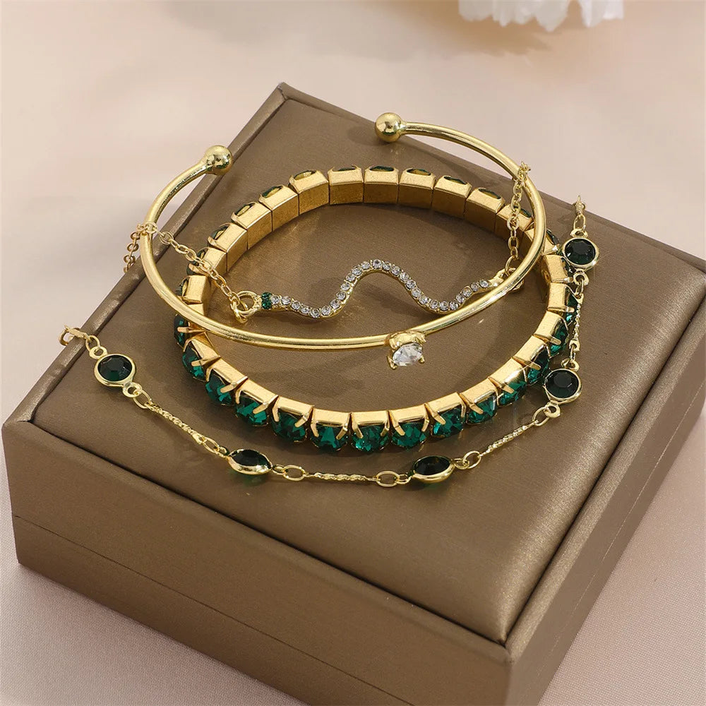 4Pcs/Set Fashion Snake Green Gemstone Bangle