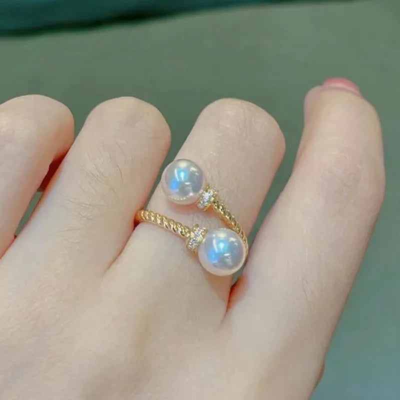Double Imitation Pearl Open Ring Twist Gold Color Ring