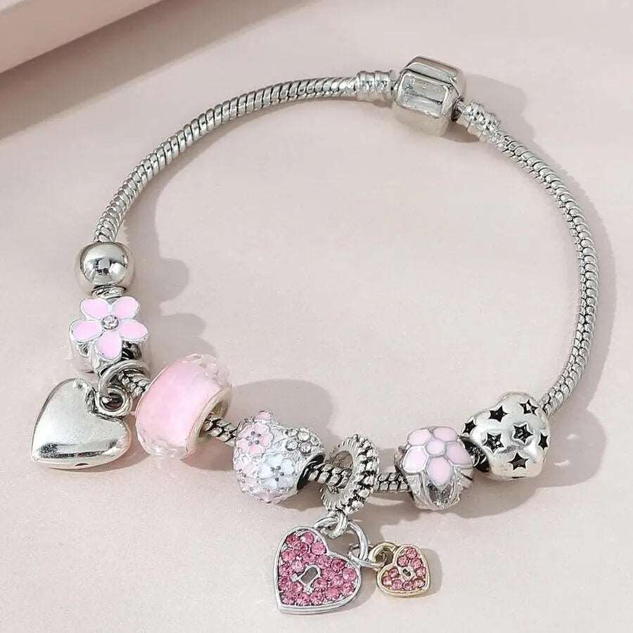 Obega Love Heart Flower Glass Pendant Charm Bracelet