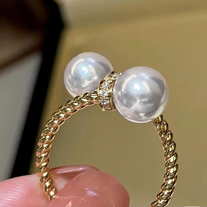Double Imitation Pearl Open Ring Twist Gold Color Ring