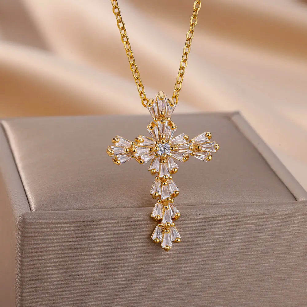 Zircon Cross Pendant Necklace Gold Color Stainless Steel