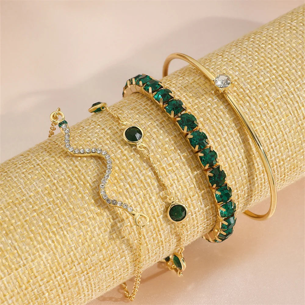4Pcs/Set Fashion Snake Green Gemstone Bangle