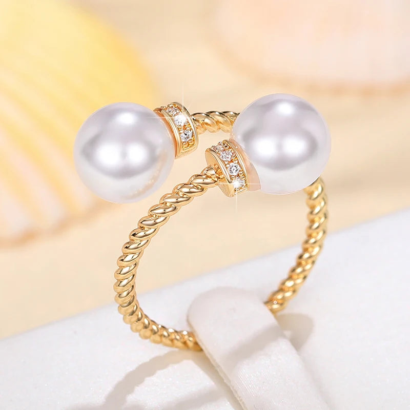 Double Imitation Pearl Open Ring Twist Gold Color Ring