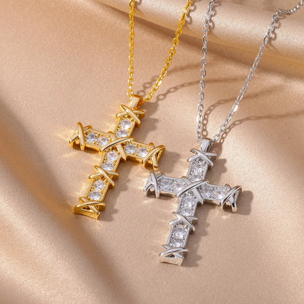 Zircon Cross Pendant Necklace Gold Color Stainless Steel