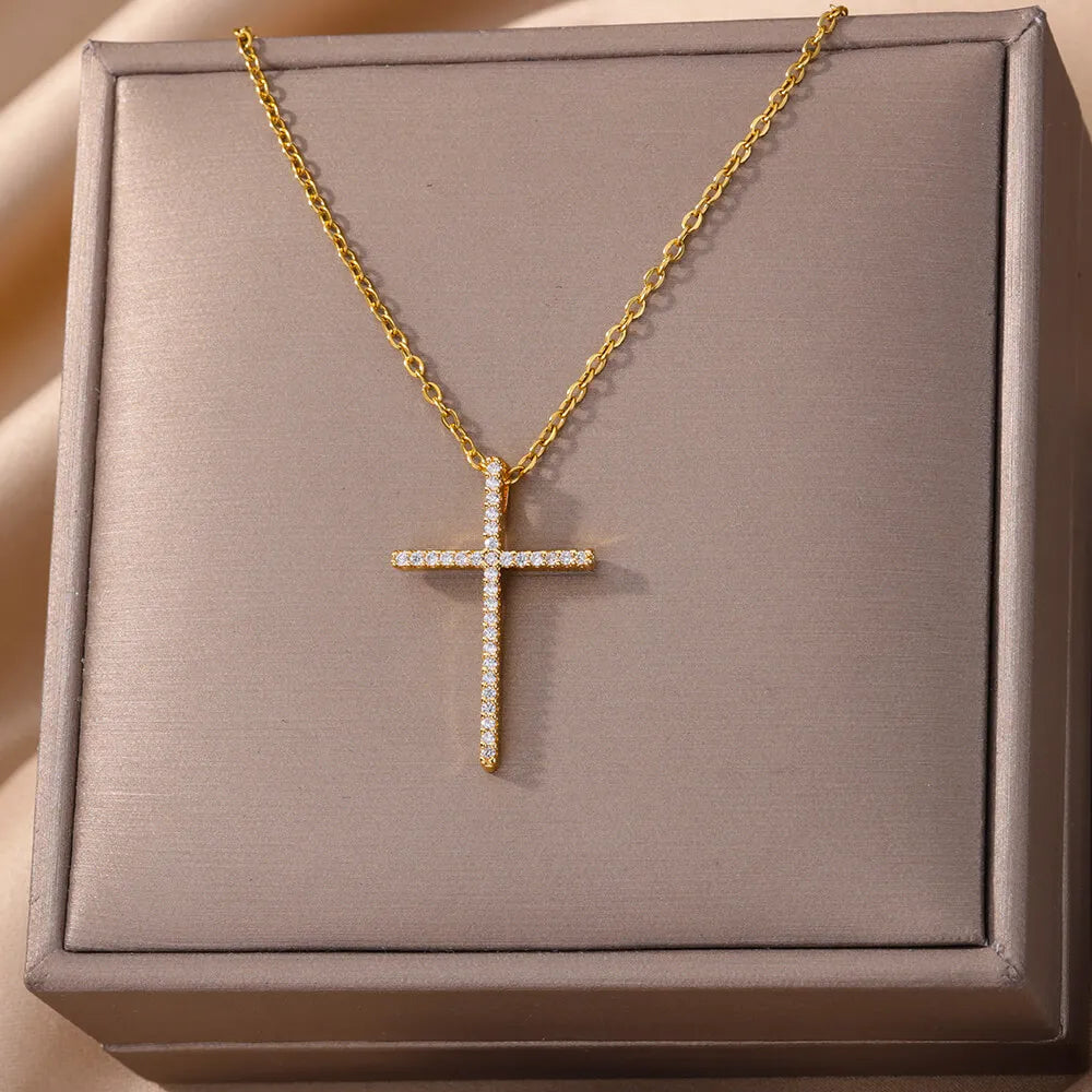 Zircon Cross Pendant Necklace Gold Color Stainless Steel