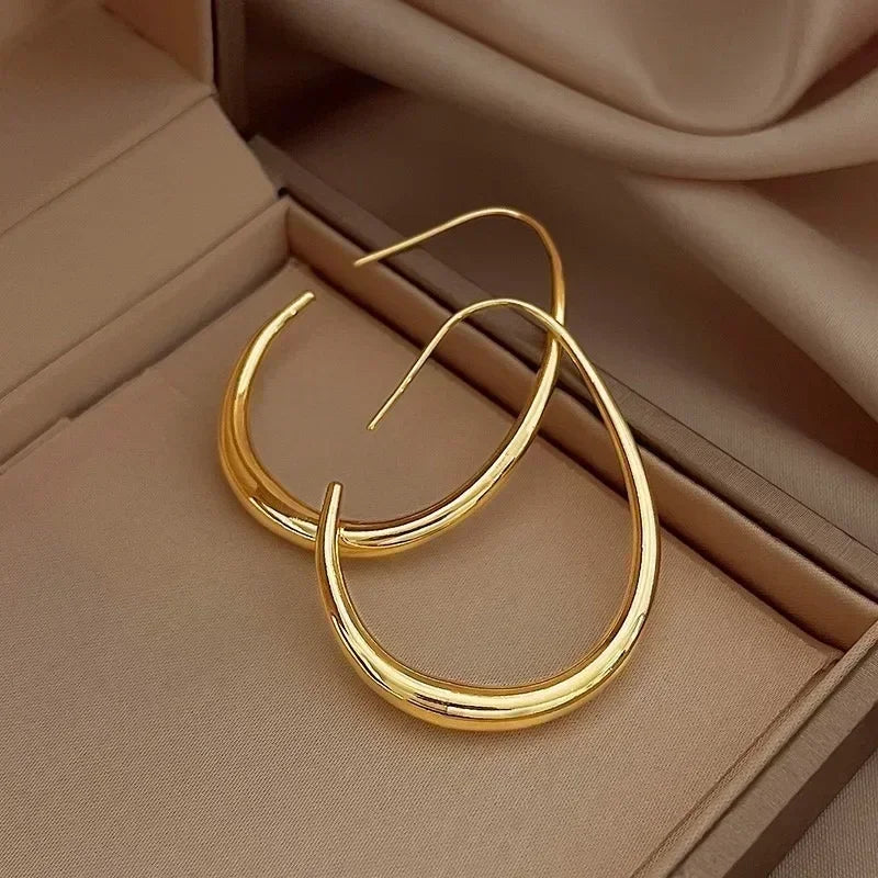 Big Oval Hoop Earrings Simple Design Large Gold Color