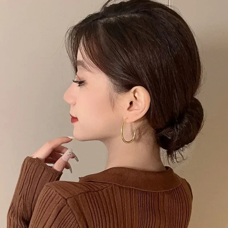 Big Oval Hoop Earrings Simple Design Large Gold Color