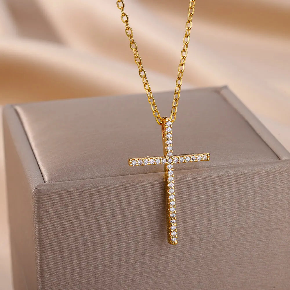 Zircon Cross Pendant Necklace Gold Color Stainless Steel