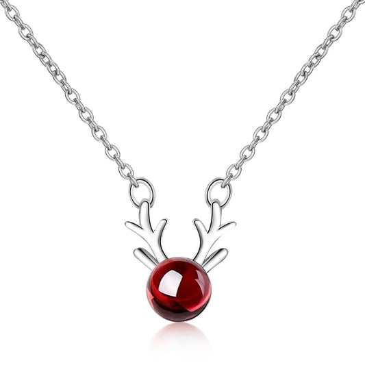 Christmas Deer Natural Garnet Platinum Plated Lady Pendant Necklaces