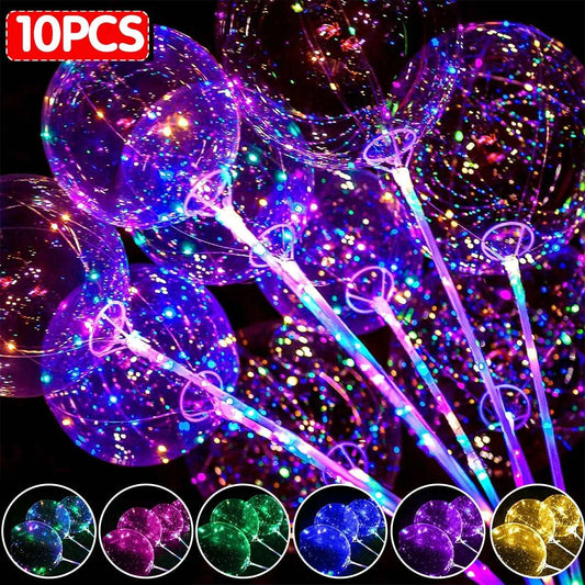 10Pcs New Year Clear LED light Up Bubble Balloon with Light String and Sticks