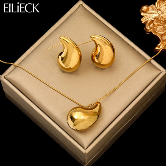 Stainless Steel Gold Color Water Drops Necklace Earrings